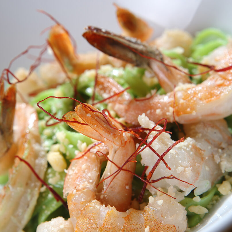 Grilled shrimp with olive oil feta, gluten free pasta and spinach